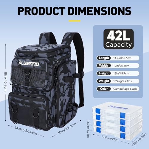 PLUSINNO Fishing Tackle Backpack with Rod Holders，42L Water-resistant Fishing Bag Store Fishing Gear,Fishing Gifts For Men. - color: Black Camo（4 Tackle Boxes Included）