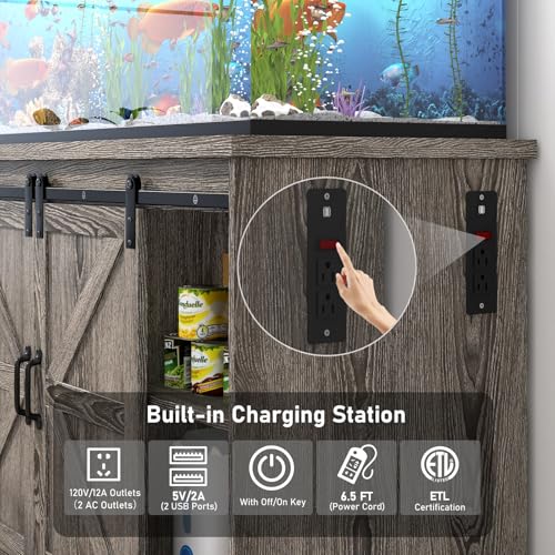 Hlivelood Farmhouse 75-120 Gallon Fish Tank Stand with Power Outlet, Aquarium Stand w/Cabinet&Sliding Barn Door, Heavy Duty Reptile Tank Stand for Fish/Turtle/Reptile Terrarium, 1000LB Capacity, Grey - color: Grey, size: 75-120 Gallon