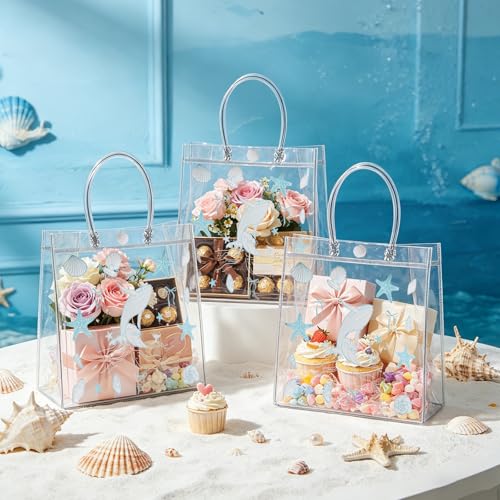 Hlimior 24 Pcs Beach Party Favor Ocean Seashell Gift Bags Starfish Clear PVC Gift Bags with Handles Reusable Candy Treat Tote Summer Shell Goodie Bags for Birthday Party Supplies