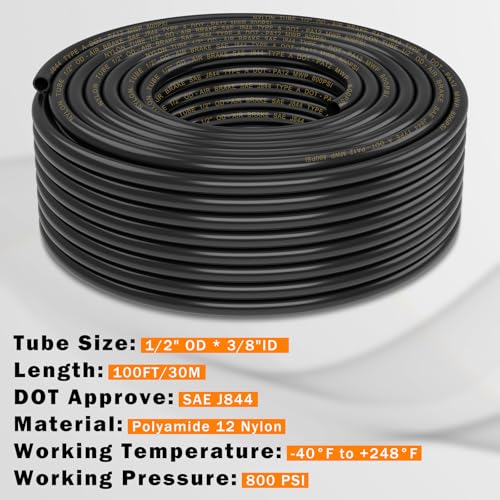 CheeMuii 100 FT 1/2 Pneumatic Tubing 1/2" PA12 Nylon DOT Air Line SAE J844 DOT Air Hose 30.5 Meter 1/2 Inch OD Pneumatic Air Tubing Pipe Hose Line - size: 1/2"OD-100FT-Single Layer