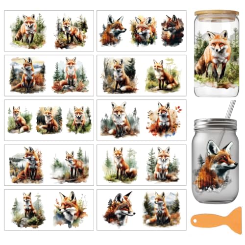 arricraft 10 Sheets Animals UV DTF Cup Wrap for 16OZ Glass, Fox Forest Rub on Decals PVC Transfer Stickers for DIY Cups Wood Funiture 24x11cm/9.4x4.3inch - style: Fox Forest Theme
