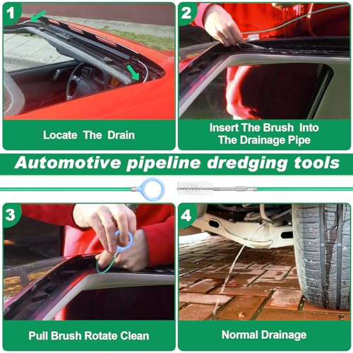 Auto Sunroof Drain Cleaning Tool,118Inch Long Pipe Cleaner for Car,Flexible Tube Cleaning Brush with 2Pcs 7.9inch Cleaning Brush Skinny Pipe Drain Dredge Cleaning Tool for Car Sunroof Wiper Drain Hole - size: 3m