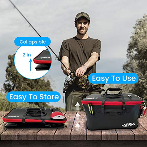 FISHERNOMICS Collapsible Fishing Bucket with Air Pump - Live Bait Bucket with Aerator (6 Gallon/10 Gallon) - Leak Proof with Side Pocket & Shoulder Strap | Durable & Sturdy (BLK/RD R23 Pump, Medium) - color: Black/Red R23 Pump, size: Medium