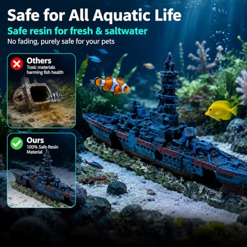 Mipukbay Shipwreck Aquarium Decorations, Resin Fish Tank Artificial Rock Ornament for Freshwater/Saltwater, Safe Landscape Hideout for Betta Fish, Goldfish and Aquatic Pets - size: Shipwreck