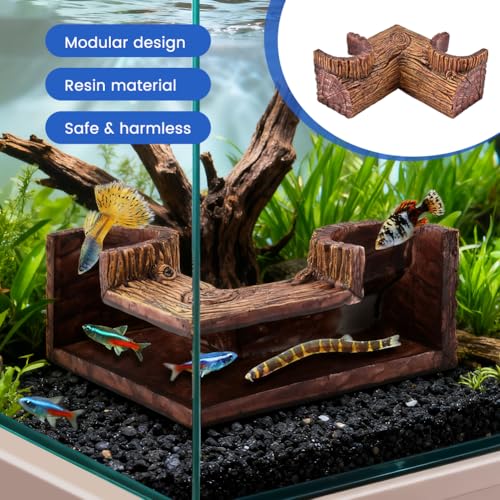 Aquarium Underground Corner Cave, Natural-Looking Wood-Like Viewing Fish & Shrimp Under Gravel Tunnel Fish Tank Decor Decoration Hideout for Corydora Catfish, Kuhli Loach, Pleco