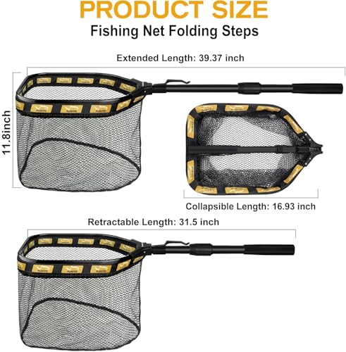 PLUSINNO Floating Fishing Net for Steelhead, Salmon, Fly, Kayak, Catfish, Bass, Trout Fishing, Rubber Coated Foldable Landing Net with Fixed or Telescoping Pole Handle, Fishing Gear and Gifts for Men - color: 11.8"/30cm Hoop Size 1.0M Orange (Telescopic P