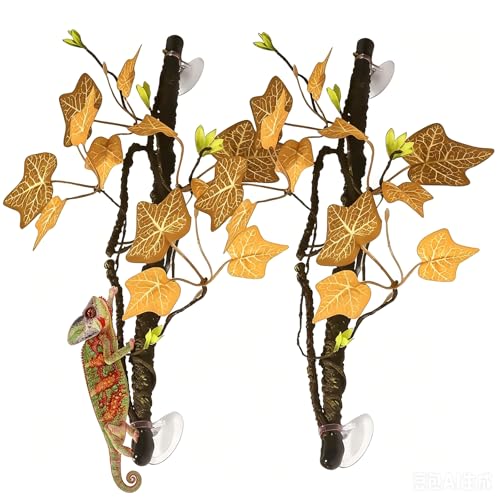 Reptile Climbing Branch Flexible Bend-A-Branch Jungle Vines Terrarium Plant Decoration with Suction Cup for Crested Gecko Chameleon Gecko Snake Tree Frog 2PCS, Yellow - color: Yellow