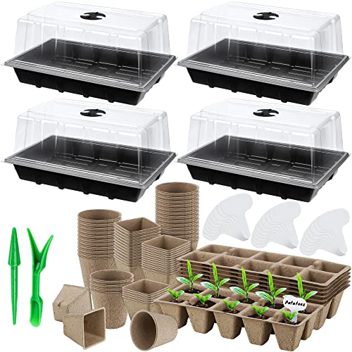 Hahood 4 Pack Seed Starter Tray Set Plants Growing Trays Peat Pots for Seedlings with Seed Starter Pots, Plastic Germination Tray, Plant Labels, Tool for Flower Vegetable Planting, Black - color: Black