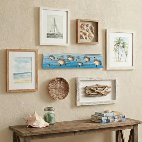 Sea Turtle Driftwood Wall Art & DIY Key Holder – Handmade Coastal Home Decor – 17.5" Genuine Weathered Wood Plank with 5 Removable Hooks for Keys, Leashes, and Jewelry – Beach House Entryway Organizer (Turtle Bay) - style: Turtle Bay