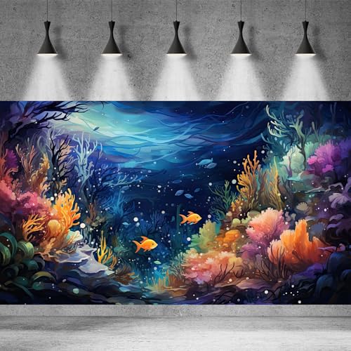 Ocean Floor Aquarium Background Underwater Coral Reef and Fishes Landscape Fish Tank Backdrop Decor Underwater Coral Reef Aquarium Backdrop Tropical Life Theme Terrarium Background Decor 24x12in - color: Dark Blue, size: 24(W)x12(H)in