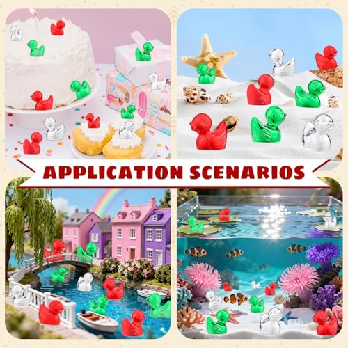 120Pcs Mini Duck Statue Golden Duck Figurines Micro Garden Landscape Dollhouse Cake Decoration Potted Plants DIY Craft Charms for Party Gift(Red Green Silver) - style: 120Pcs Ducks-Red Green Silver