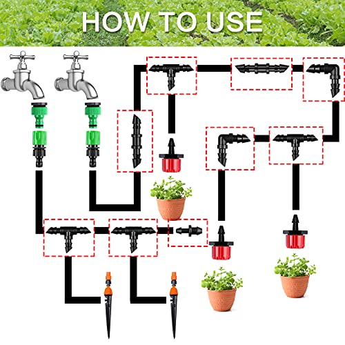 120 Pack Drip Irrigation Fittings Kit - Barbed Connectors for 1/4" Tubing,Includes 50 Couplings,40 Tees, 20 Elbows and 10 End Plugs for Drip or Sprinkler Systems - size: 120P-Irrigation Fittings Set
