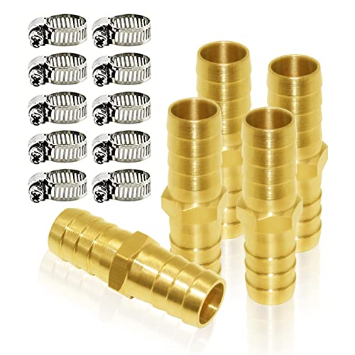 Joywayus 5/8" ID Hose Barb Hex Union Brass Fitting Water/Fuel/Air with 10 Stainless Steel Clamps (Pack of 5) - size: 5/8", style: 5PCS