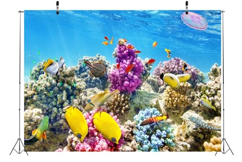 BELECO 5x4ft Fabric Underwater World Backdrop Undersea Tropical Fish Coral Reef Blue Deep Sea Aquarium Background Under The Sea Party Decorations Baby Shower Birthday Shoot Photo Props - size: 5x4FT
