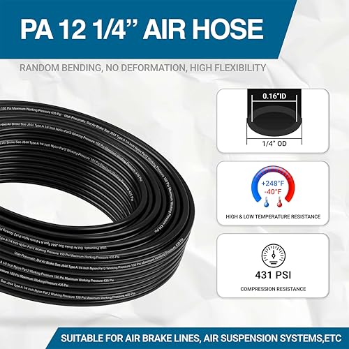 Utah Pneumatic 1/4" Air Line Tubing, 32.8ft Nylon Pa12 Hose, Dot Approved For Truck, Trailer & Industrial Use, High Pressure Flexible Pneumatic Line (black) - color: Black, size: 1/4" x 32.8 Feet
