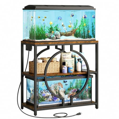 HavenlyYouth 20-29 Gallon Aquarium Stand with Power Outlet, 3 Tier Heavy Duty Metal Fish Tank Stand with Storage Shelf, Fish Tank Table for Home Office, 31.5" L x 15.7" W x 31.2" H, Rustic Brown - size: 20-29 Gallon