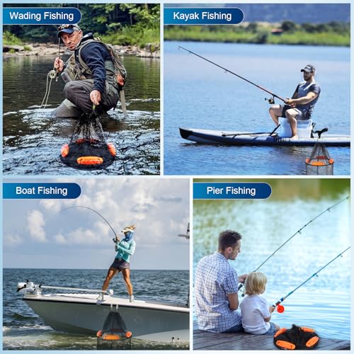Large Foldable Floating Fishing Basket for Live Caught Fish, Collapsible Rubber-Coated Fish Net Kayak Bait Storage Cage with 5M Double Hook Nylon Rope and 6 Cable Ties, 1 Storage Bag