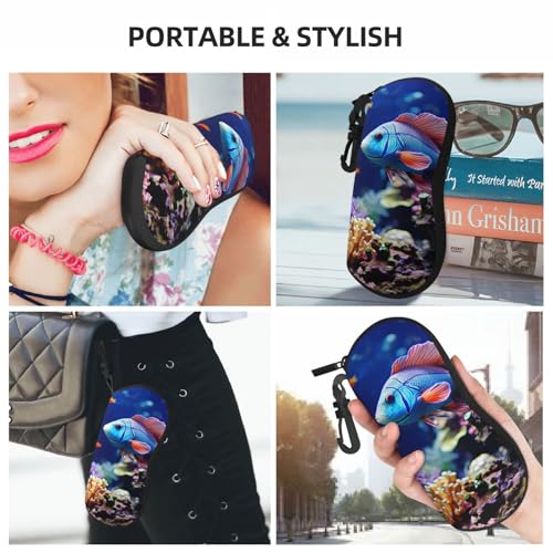 Coral Reef Fish Aquarium Glasses Case with Carabiner Ultra Light Neoprene Zipper Eyeglass Case Portable Sunglasses Soft Case