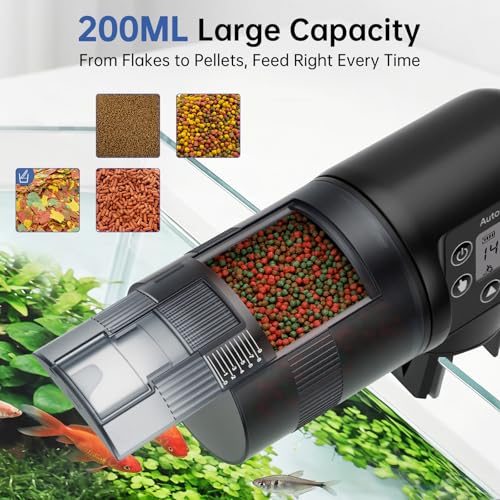 AQQA Automatic Fish Feeder for Aquarium, 200ML Large Capacity Fish Food Dispenser with Programmable LCD Timer, Moisture-Proof Silent Auto Feeder for Vacation, Betta Turtle Koi Goldfish Small Tank