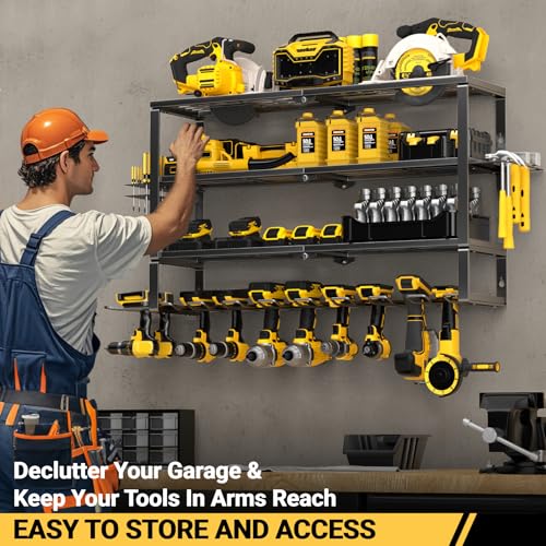 YYR Large Power Tool Organizer Wall Mount, Heavy Duty Metal Cordless Drill Storage Rack with Battery Charging Station Shelf, Utility Racks for Garage Organization, 4 Layer 10 Drills Holder Extra Tall - size: 4 Layer 10 Drills Holder Extra Tall