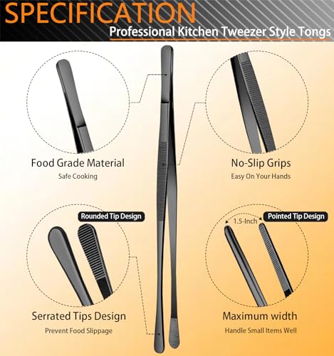 JETKONG 6 Pcs Cooking Tweezer Tongs, 12'' and 6.3" Stainless Steel Kitchen Tweezer Set, Professional Chef Tweezers for Cooking, Repairing, Sea Food, BBQ, Multi-use (Black) - color: Black
