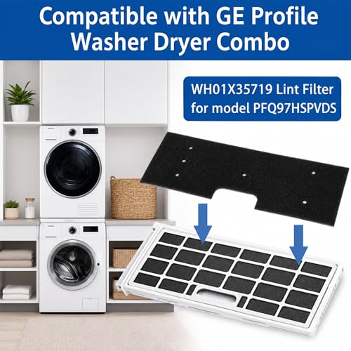 6 Pcs WH01X35719 Lint Filter replacement with Dryer Vent Brush, for GE Profile Washer Dryer Combo, GE Washer Dryer Foam Filter, Washable and Reusable, for Models: PFQ97HSPVDS