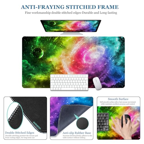 Desk Pad, Desk Matt for Desktop, Extended XXL Large Gaming Mouse Pad for Desk, Anti-Slip Keyboard Mouse Mat with Stitched Edges, Keyboard Mouse Mat for Computer, Work, Office, Gaming, Aurora - color: Spiral Galaxy, size: 31.5" x 15.7"