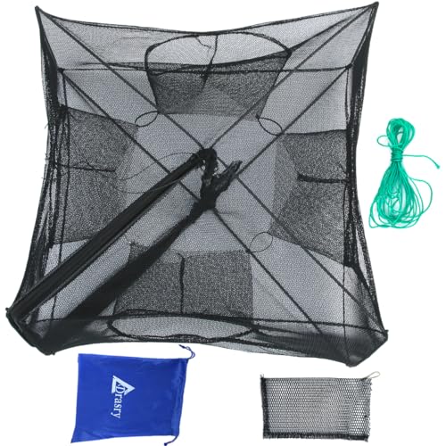 Drasry Black Fishing Bait Trap Foldable Fish Net for Minnow Crab Crayfish Crawdad Shrimp Trap Cast Net Dip Cage Collapsible Easy Use 4 6 Hole Fishing Accessories - color: Black, size: 27.6*10.2 in（ 70*26 cm）, style: 1pcs 4 Entrance Holes
