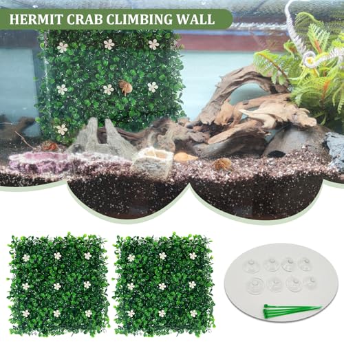 2 Pcs Hermit Crab Climbing Toys, 10 x 10 Inch Faux Grass Mat Climbing Wall for Gecko Lizard Reptile, Plastic Fake Turf Aquarium Plants for Saltwater Freshwater Tropical Fish Tank Decoration