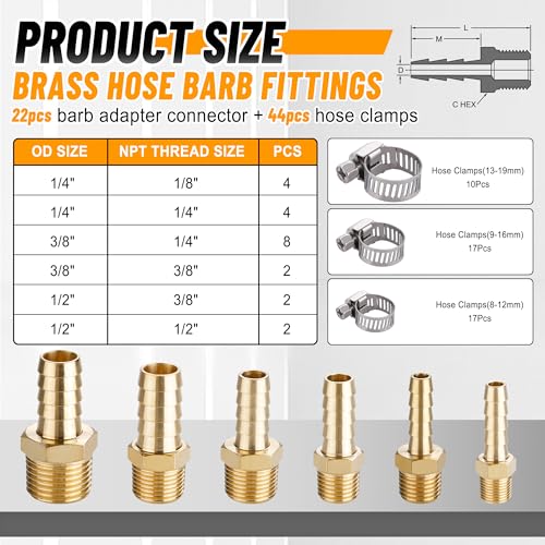 22Pcs Brass Hose Fittings, 3/8" Barb to 1/4" NPT, 1/4" Barb to 1/4" NPT Male, 1/8" 1/4" 3/8" 1/2" Barbed Air Hose Kit with 44Pcs Pipe Hose Clamps - size: 22pcs barb adapter