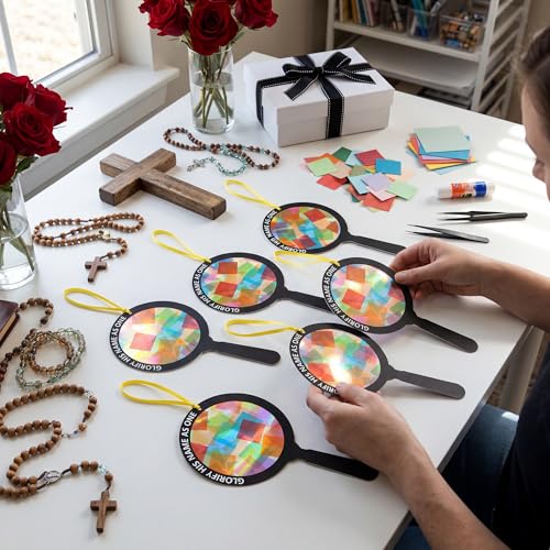 Renbuzhu 48PCS Sunday School VBS Crafts Bulk: Paper Magnifying Glass Nativity Suncatchers, Jesus Religious Christian Activity DIY Kits Church Decorations, Window Stained Glass Effect Art Supplies - style: magnifying glass