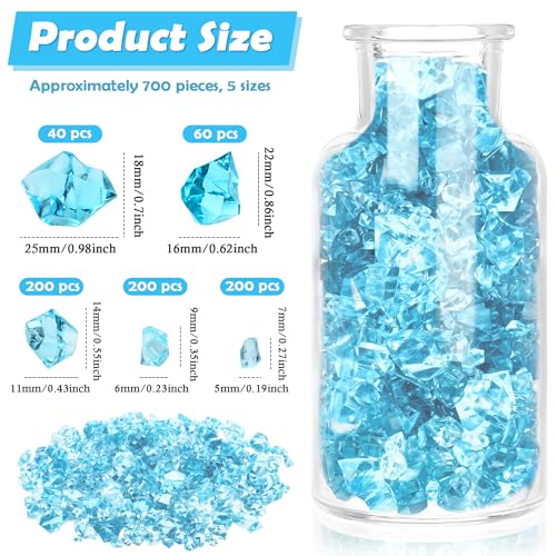700 Pcs Fake Ice Cubes 5 Sizes Plastic Diamonds Lake Blue fish Tank Accessories Crystals Gems for DIY Craft Table Scatter Window Display Coastal Home Decor Vase Fillers for Party Centerpieces - color: Lake Blue