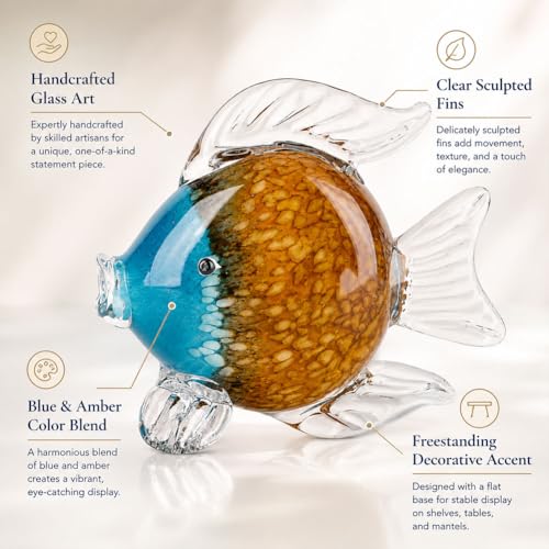 QIANLING Glass Fish Figurines - Coastal Home Decor, Modern Ocean Centerpieces for Living Room, Dining Area, Bathroom, Office, Coffee Table, Beach House, Nautical, Seaside, Entrance, Shelf Display - color: Blue & Brown Fish