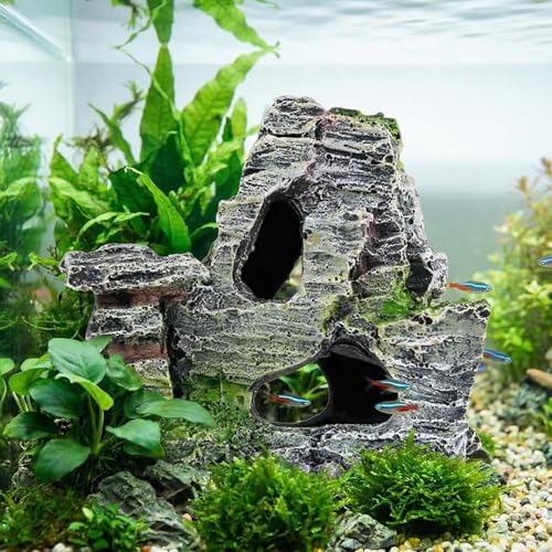 Resin Aquarium Mountain Decor with Moss Rock Cave - Multi-Level Terrain for Fish Tank Landscaping,Rock Hidden Cave and Crevices for Shrimp, Reptile Habitat