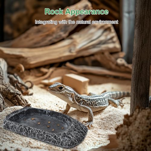 Reptile Water Dish for Bearded Dragon Tank Accessories, Hygger zoo Hermit Crab Food Bowl Reptile Food Dish Corner Rock Terrarium Feeding Bowl Tortoise Water Dish for Leopard Gecko Turtle Snake, Black - color: Black(6.5*4.1*0.7)