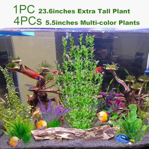 5PCs Mult-Color Aquarium Decor Plants Set, 23.6 Inches Extra Large Artificial Plastic Fish Tank with 4 Plastic Plants, Tall Fish Tank Decorations - size: Large-5Packs