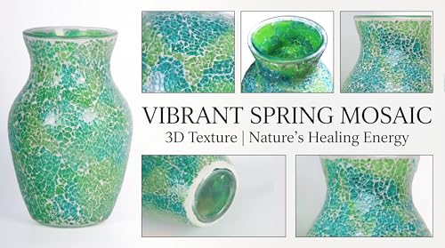 8" Organic Green Mosaic Vase, Heavy Glass Healing Spring Decor Centerpiece, Hand-Pasted Crackle Glass Flower Vase with Anti-Slip Base, Boho Nature Accent for Living Room & Bathroom - color: Organic Green