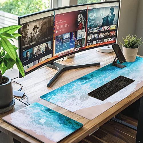 iCasso Extended Gaming Mouse Pad (35.4x15.7 in), Large Non-Slip Rubber Base Mousepad with Stitched Edges, Waterproof Keyboard Mouse Mat Desk Pad for Work, Game, Office, Home - Beach - color: Beach