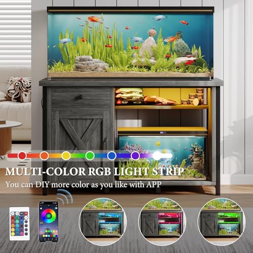 4ever2buy 55-75 Gallon Fish Tank Stand with Power Outlets, LED Light, Heavy Duty Aquarium Stand with Cabinet for Fish Tank Accessories Storage, for Turtle Tank, Reptile Terrarium, 1100LBS, Gray - color: Gray