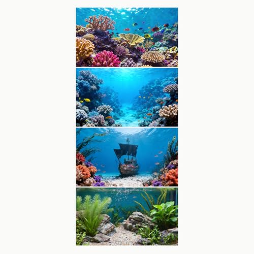 4 Pack Aquarium Background, 48x24 Inch Polyester Cloth Decor for Fish Tank, Set of Undersea Coral Rock & Plant Décor Backgrounds, Aquatic Themed Decorations - size: 48*24inch