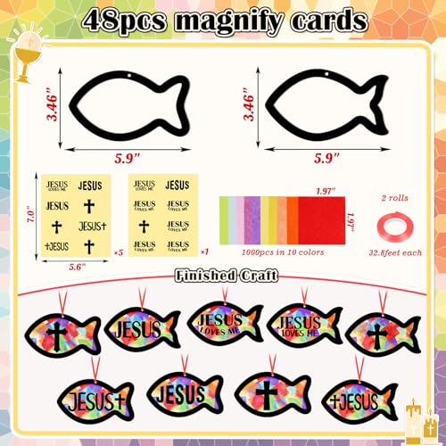 48PCS Sunday School VBS Crafts Bulk: Paper Jesus Fish Nativity Suncatchers, Religious Christian Activity DIY Kits Church Decorations, Window Stained Glass Effect Art Supplies - style: jesus fish
