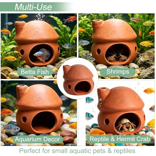 Saim Ceramic Mushroom Cottage Aquarium Decor – No-Paint Betta Cave & Toad House, Axolotl Hide & Shrimp Hideout, Pleco Breeding Cave with Betta Leaf Pad for Freshwater/Saltwater Tank - color: Natural Color & Leaf