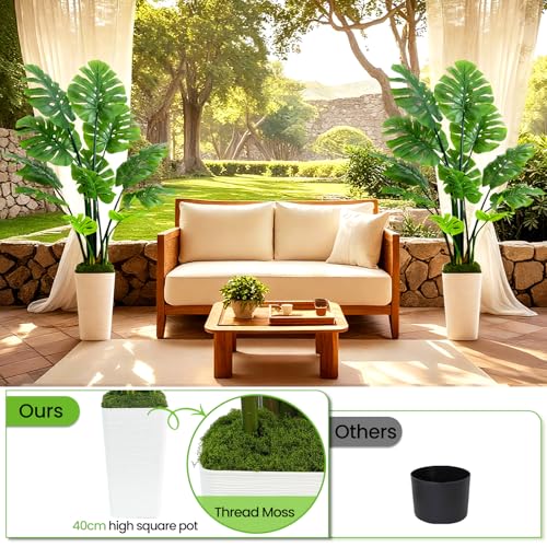 UPBUD Artificial Monstera Deliciosa Plant, 5FT Fake Tropical Monstera Tree with White Pot & 12 Lifelike Leaves, 60in Tall Faux Floor Trees Fake Plants for Indoor Outdoor Office Living Room Decor - color: Green Leaves White Planter