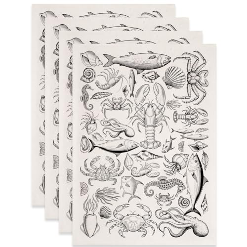 SUPERDANT 4PCS Marine Life Underglaze Paper Transfer Lobster Fish Crab Transfer Papers for Clay Ceramic Porcelain Under Glaze Transfers for Pottery Enamel Decals Black Decal Handcrafted Gifts - style: Marine Life