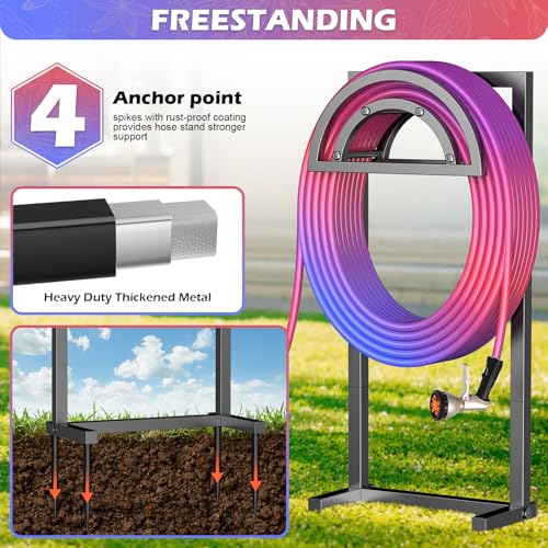 OLV Hose Holder Holds 150-ft Water Pipe, Outdoor Freestanding Heavy Duty Water Hose Holder Reel with 4 Spikes, Detachable Metal Hose Storage Stand Hanger Rack for Outside Yard Lawn Farm, Black