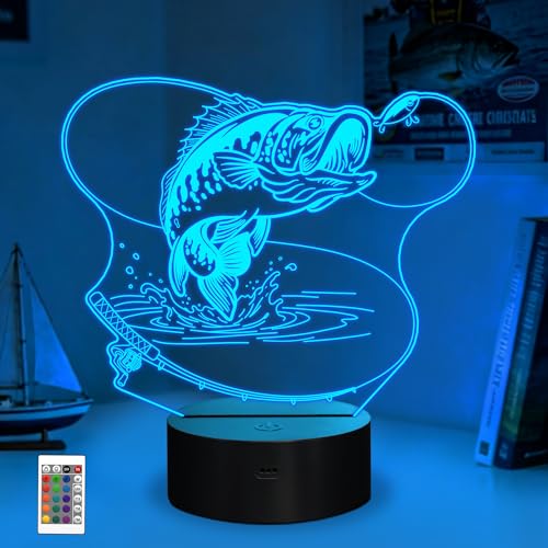YuanDian Fishing Night Light, 3D Fish 16 Color Changing LED Lamp, Go Fishing Man Gifts with Remote & Timer & Dimmable, Room Decor, Ideal Gift for Fishing Lovers Men Dad