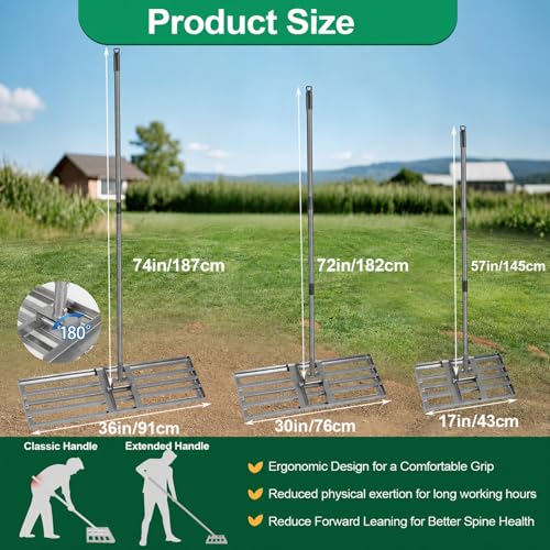 Lawn Leveling Rake, 17"x10" Heavy Duty Leveling Rake with Smooth Eadge and 5FT Effort Saving Handle, Lawn Leveler Tool, Landscaping Rakes for Yard Garden Lawn, Soil Sand Spreading Dirt Top Dressing - style: 17*10 in