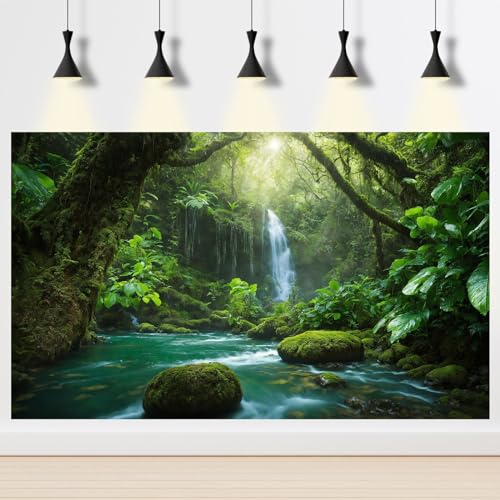 Waterfall Aquarium Background River Deep in Mountain Forest Terrarium Backgrounds Rainforest Jungle Plants Style Nature Landscape Fish Tank Background Deep Forest Reptile Tank Backgrounds 24x12in - color: Dense Green, size: 24(W)x12(H)inches/ 60(W)*30cm(H