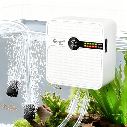 hygger USB Rechargeable Aquarium Air Pump, Battery Powered Quiet Oxygen Pump, Portable Aerator with Air Stone, Adjustable Air Flow with Clip for Bait Bucket, Outdoor Fishing and Power Outages - size: 5W, 5200mAh