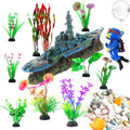 Aquarium Accessories - Resin Sunken Warship Ornament Set, Fish Castle | Betta Fish Hideout Cave, 10 Artificial Aquatic Plants, 30-40 Seashells, 1 Floating Diver, Fish Tank Shipwreck Accessories - color: Warship